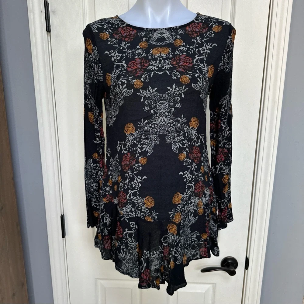 Free People Floral Tunic Top Dress Pocket Boho Festival Ruffle Open Back Sexy XS - Picture 1 of 8